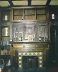 Library, fireplace.